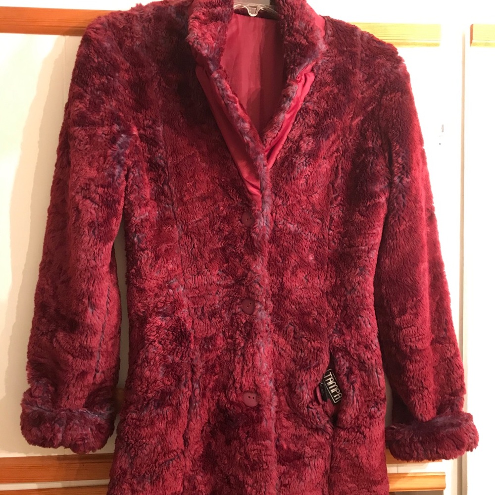3/4 length burgundy and blue tone fake fur jacket
